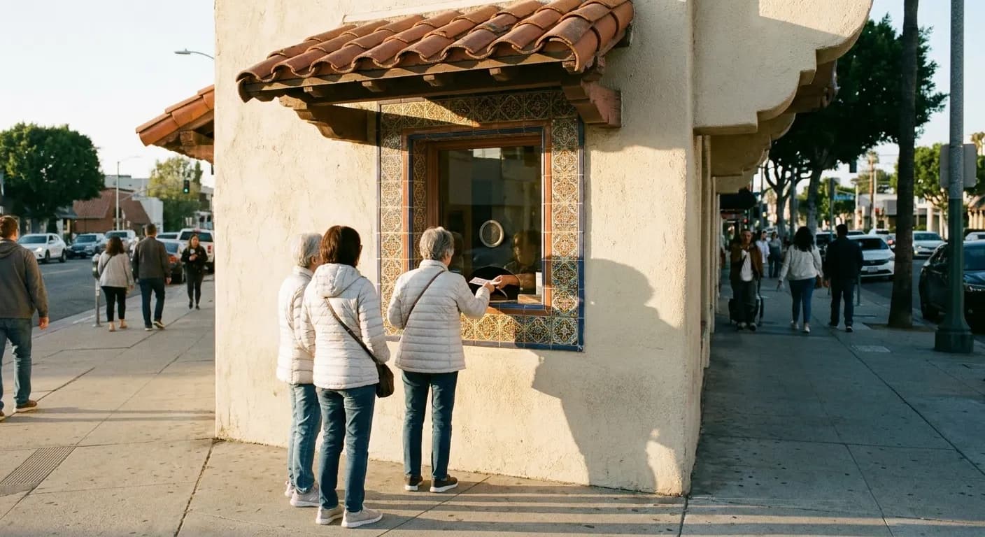 A box office window at a theatre with a small queue in the late afternoon