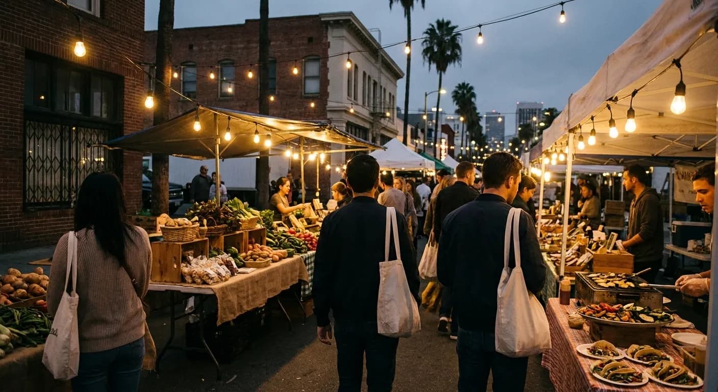 An evening street market in Los Angeles with stalls under bare bulbs and people browsing
