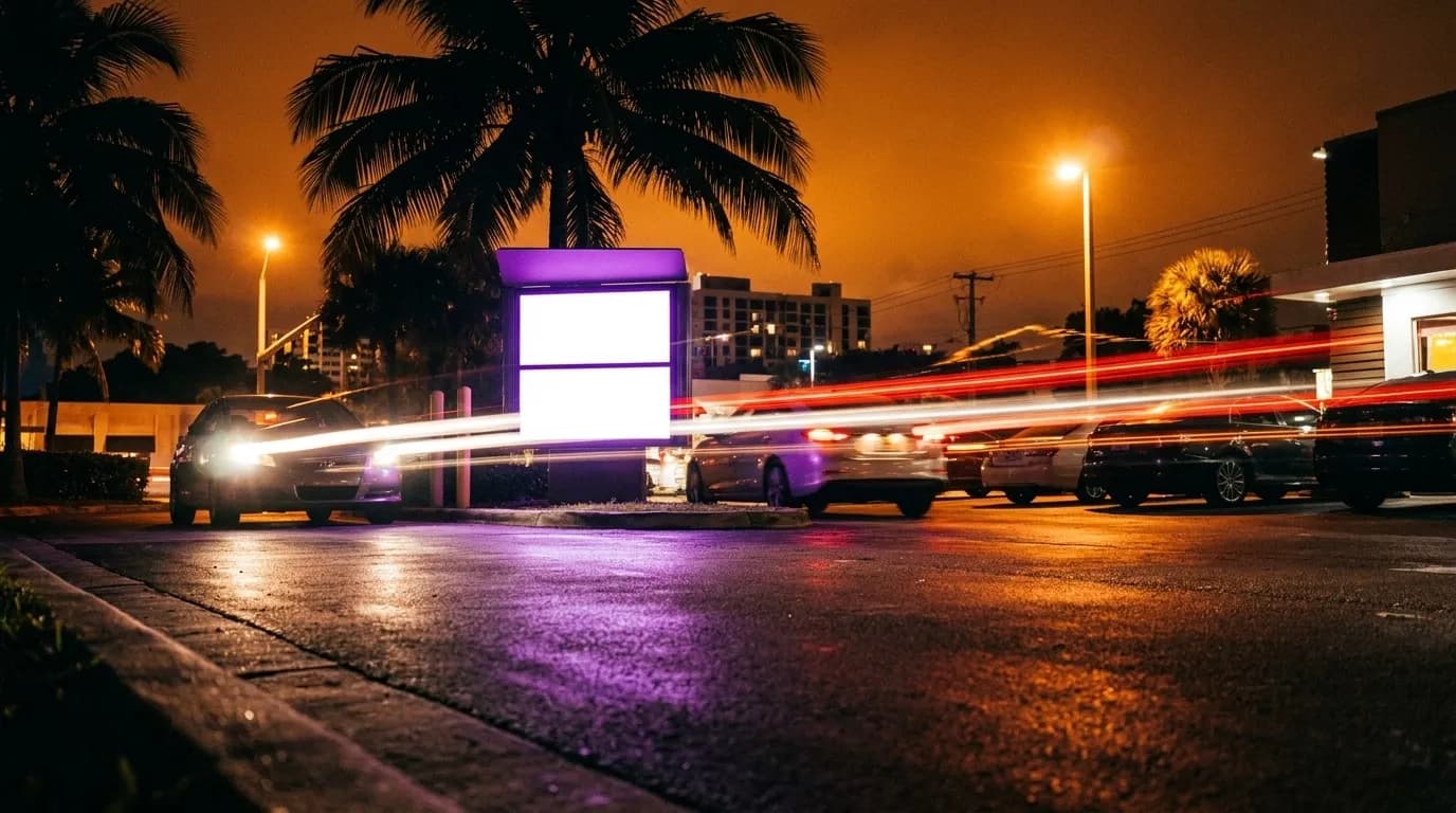 Headlights streak past a purple-lit Taco Bell drive-thru menu board at two in the morning, palm fronds silhouetted against sodium vapor glow, asphalt radiating Miami heat.