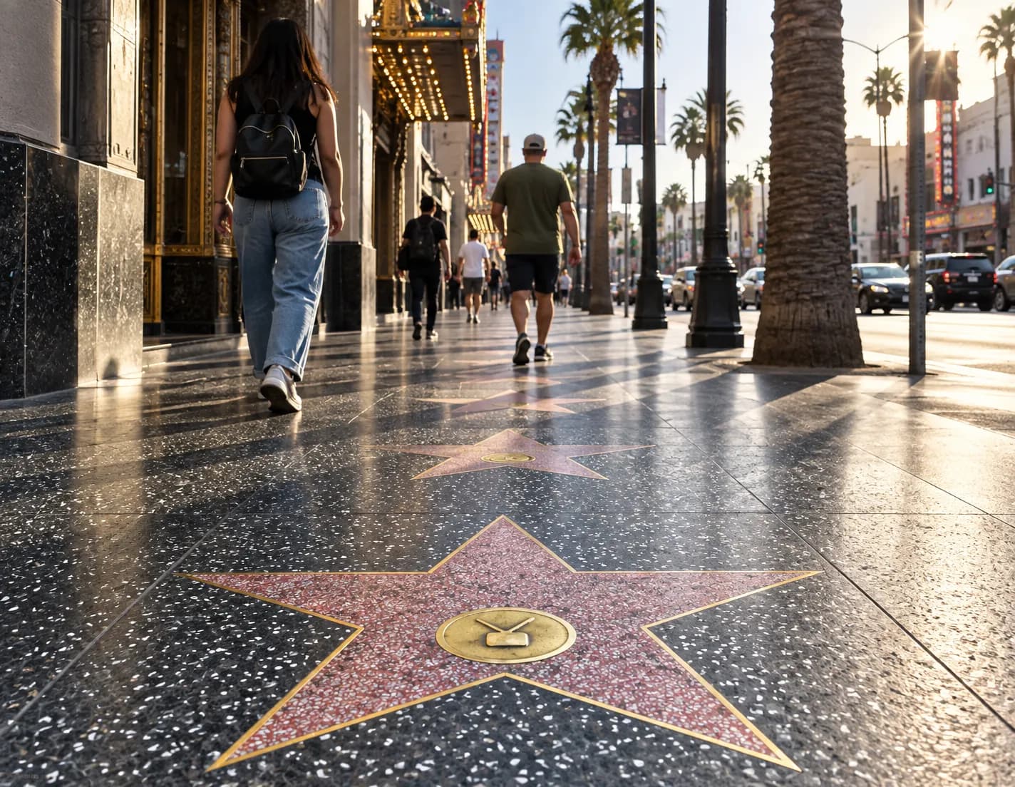 Boulevard pavement set with terrazzo stars receding down the block past palm trees and theatre marquees under hard late-afternoon sun
