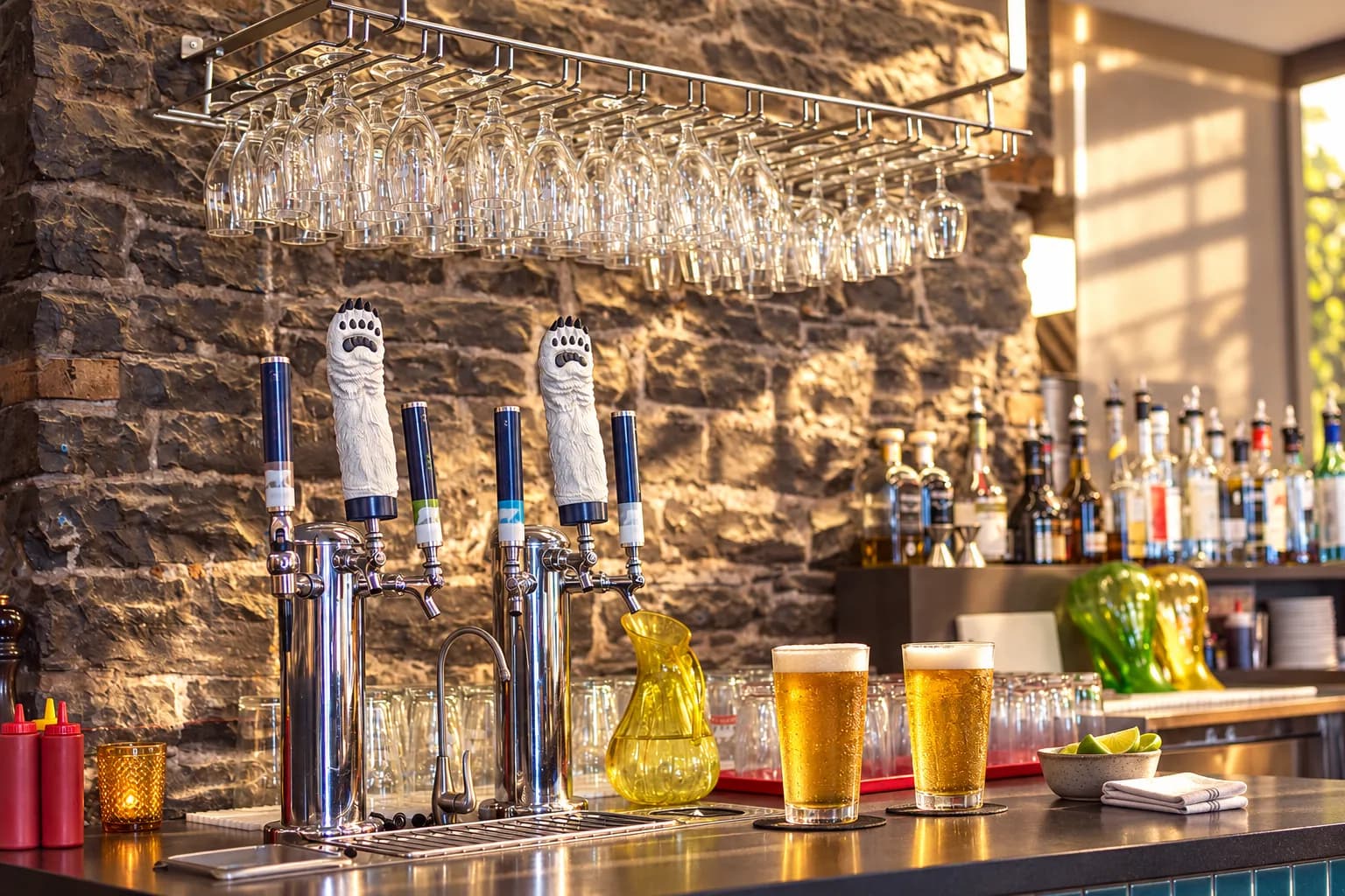 Compact bar counter with a short row of chrome draught taps, two beading glasses of beer and a bowl of lime wedges on a tiled bar front