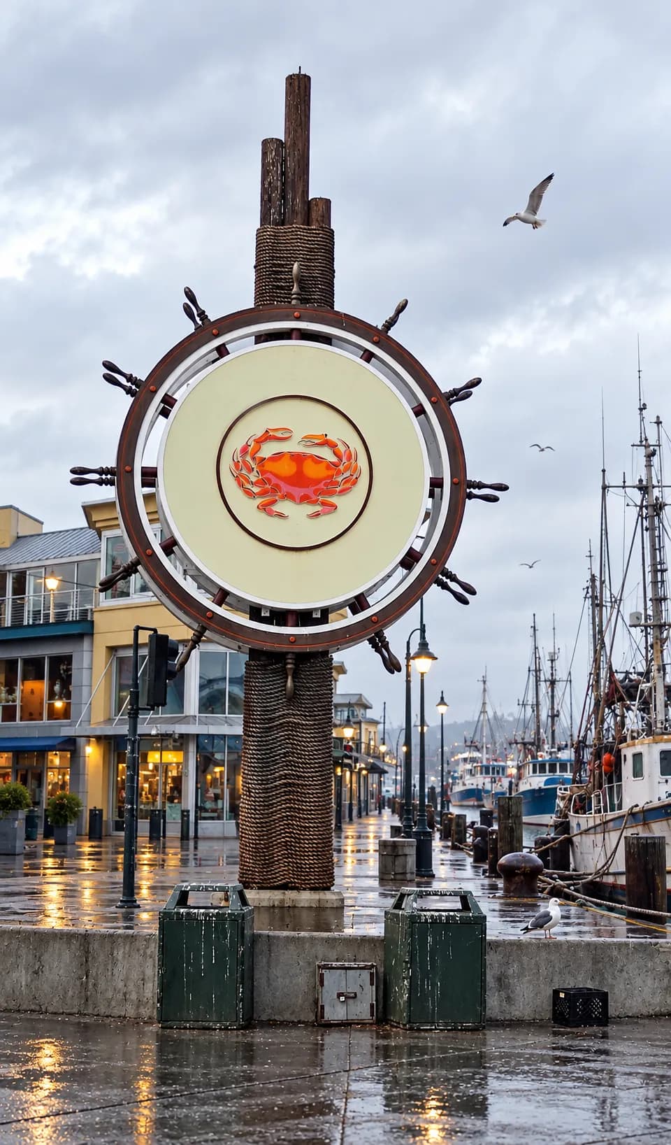 Waterfront pedestrian street at the edge of a working harbour with low commercial frontages on one side and moored fishing boats and masts beyond