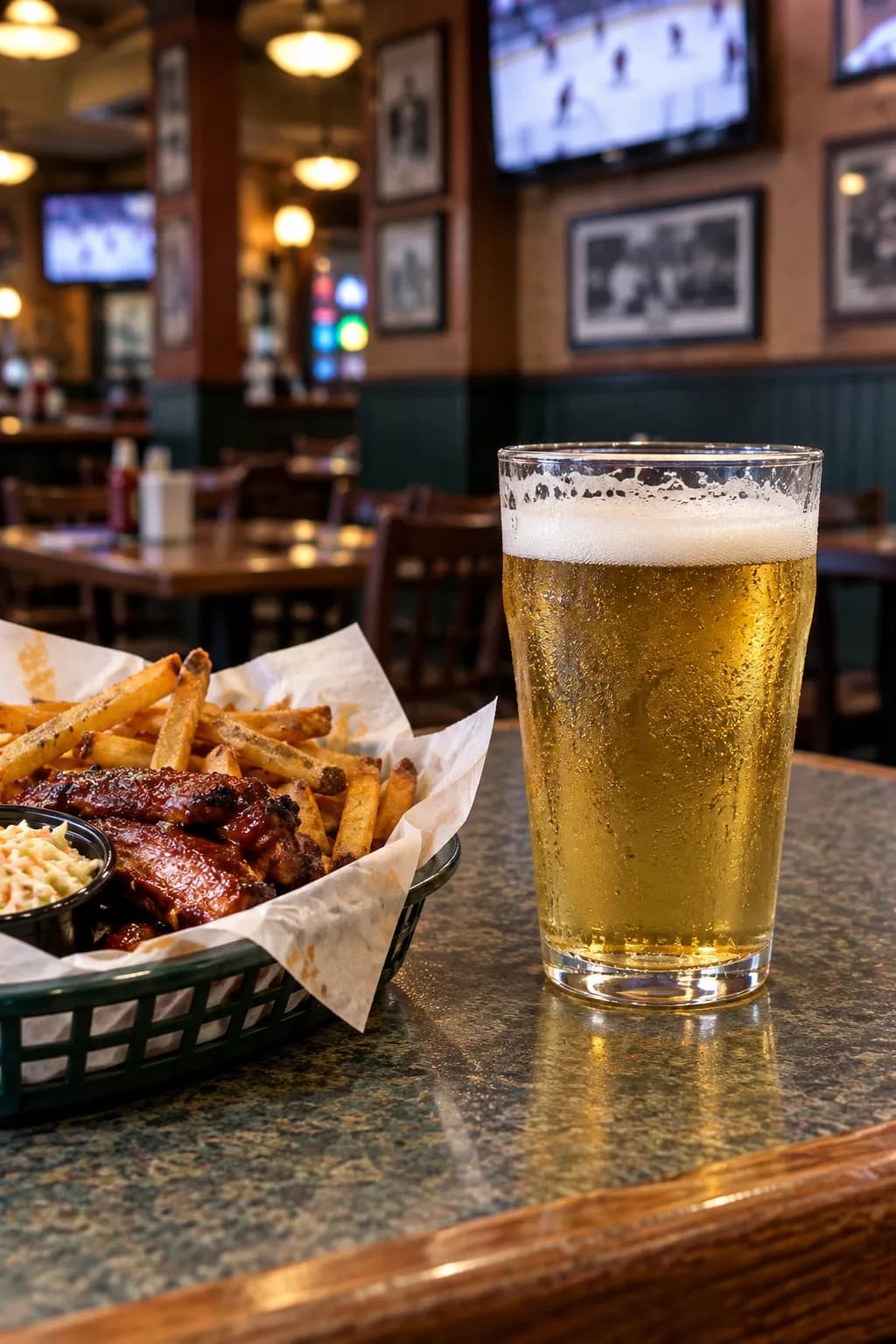 Plain glass of pale lager with a settling head on a laminate counter beside a paper-lined basket of food, condensation beading on the glass