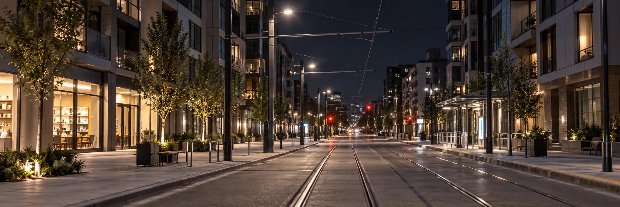 Newly built mid-rise city street at night with glass and panel residential blocks either side and light rail tracks set into the roadway under overhead wires