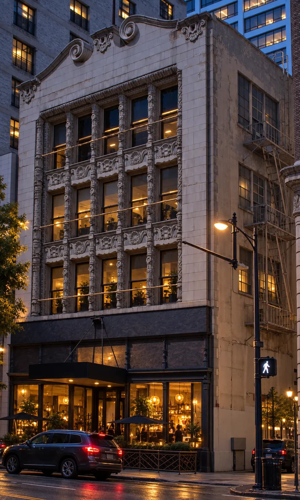 Downtown financial district street canyon at dusk with tall office towers either side, ground-floor retail glowing and a blue-hour sky between the buildings