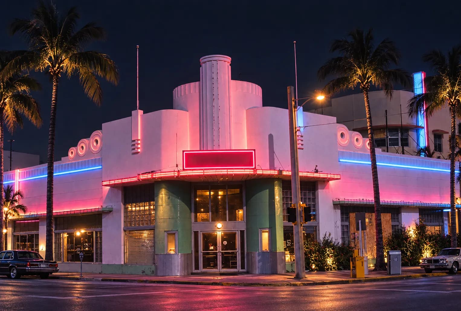 Wide beach-district avenue at night with low Art Deco commercial buildings either side, palms lit from below and neon glow washing the facades