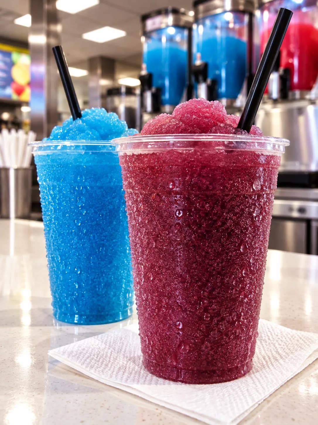 Two tall clear cups of vividly coloured frozen slush with condensation beading on the plastic and straws angled out, on a bright counter