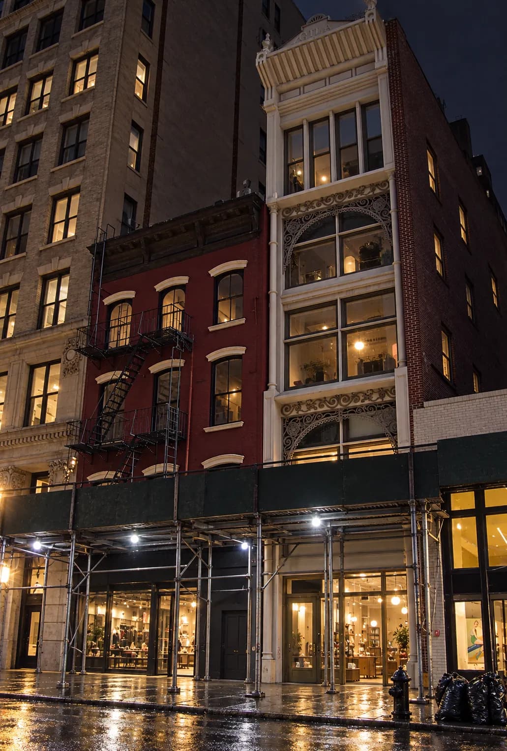 Ground-floor retail frontage on a wide Manhattan cross street at night, plate-glass windows glowing from inside beneath scaffolding, wet pavement at the kerb