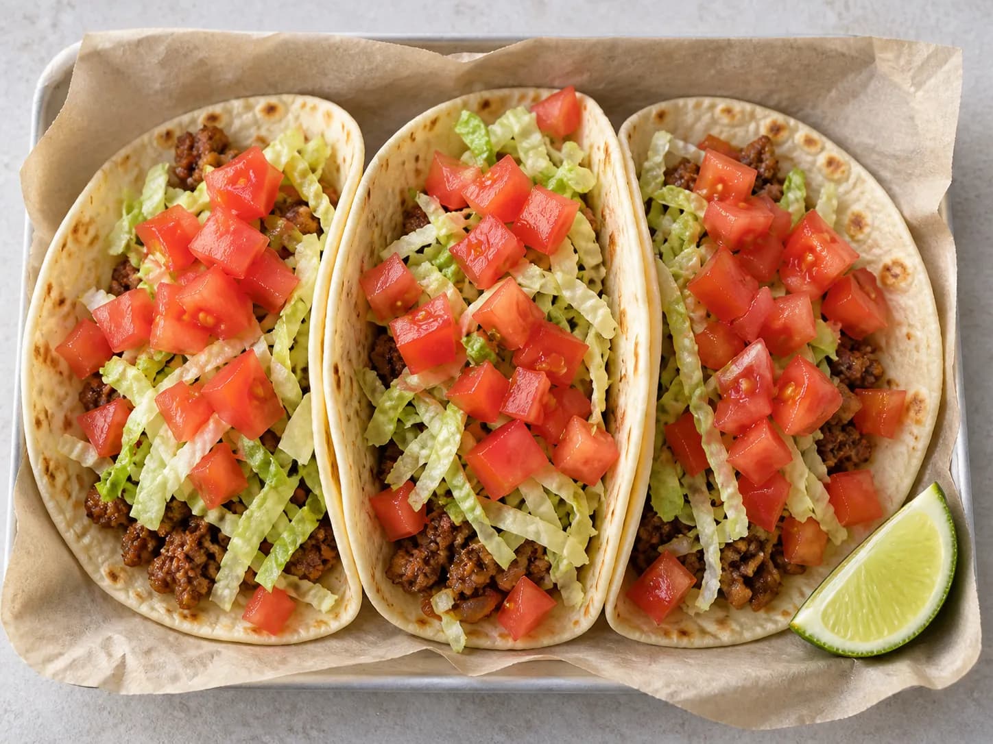 Three soft flour tortilla tacos on a paper-lined tray filled with seasoned meat, shredded lettuce and a heavy scatter of fresh diced tomato