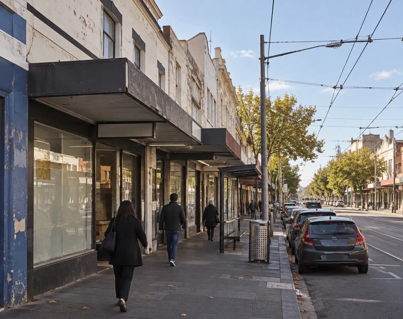Busy inner-city commercial street in daylight with two- and three-storey mixed-use buildings, painted ground-floor frontages, awnings and overhead trolley wires