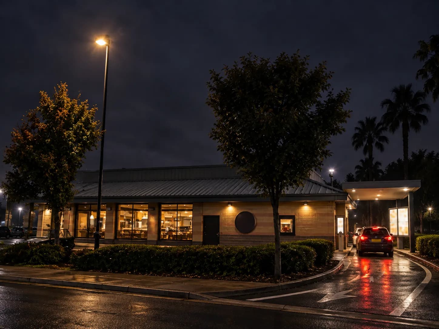 Fast-food drive-thru lane at night with painted lane markings curving around the building, an illuminated order canopy and a single car waiting