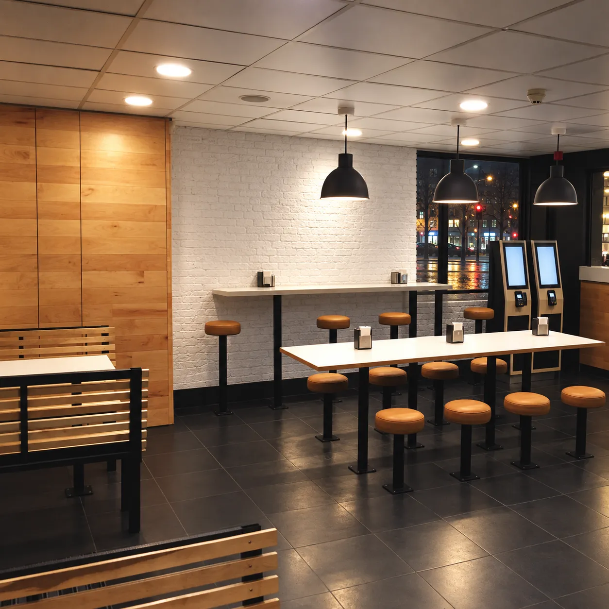 Bright modern fast-food dining room late at night with moulded seating, communal high tables and self-order kiosk screens along one wall