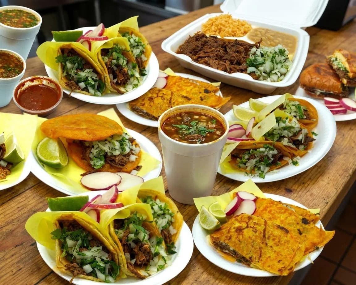 Birria tacos and consommé served on a casual counter in Los Angeles