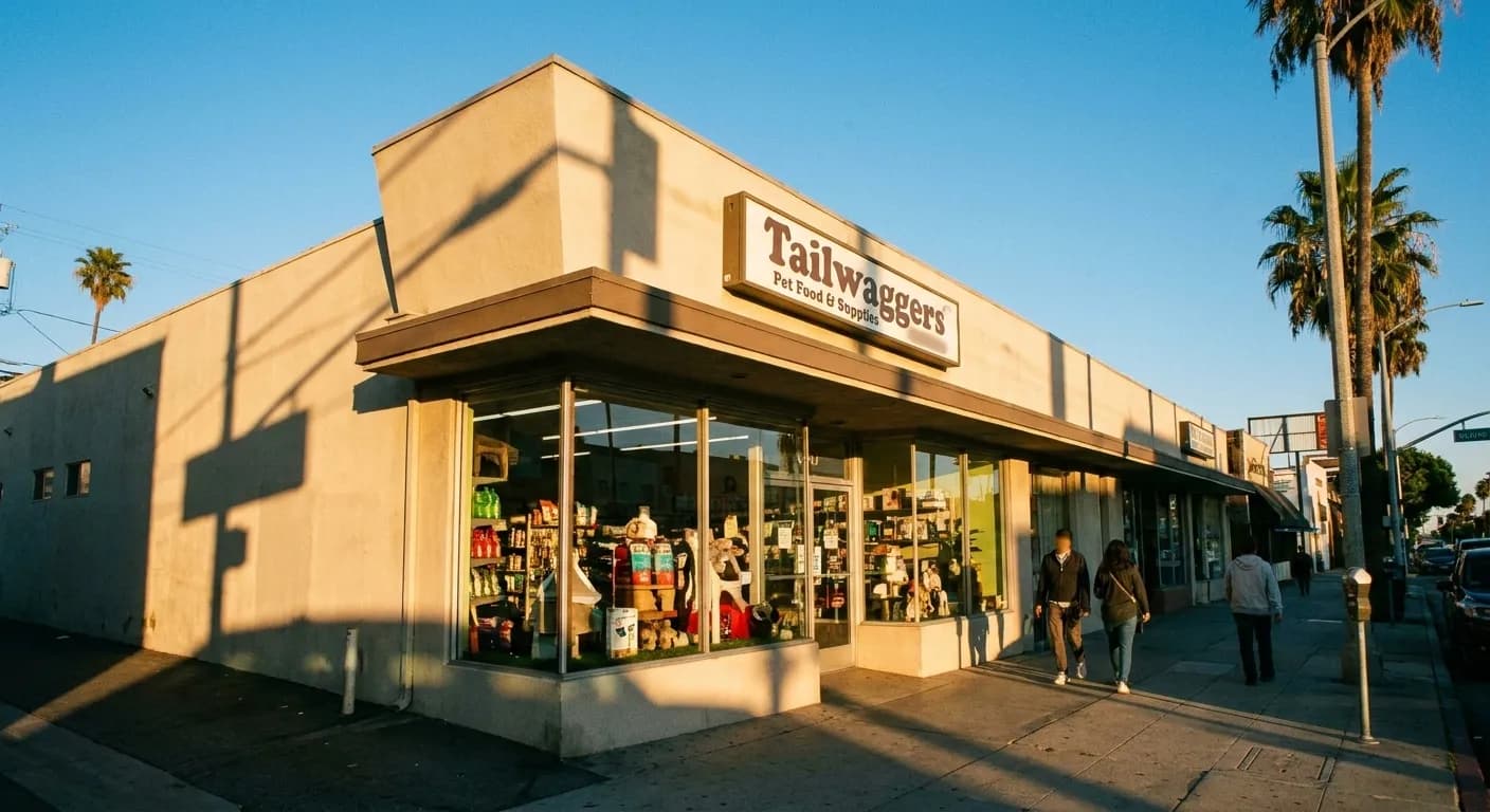 Tailwaggers Pet Food & Supplies storefront on North Bronson Avenue in Franklin Village, Hollywood