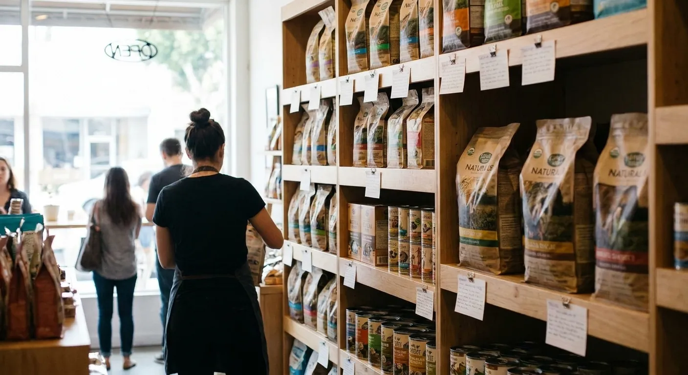 Interior shelves at Tailwaggers Hollywood displaying natural and organic dog food brands with staff-written information cards
