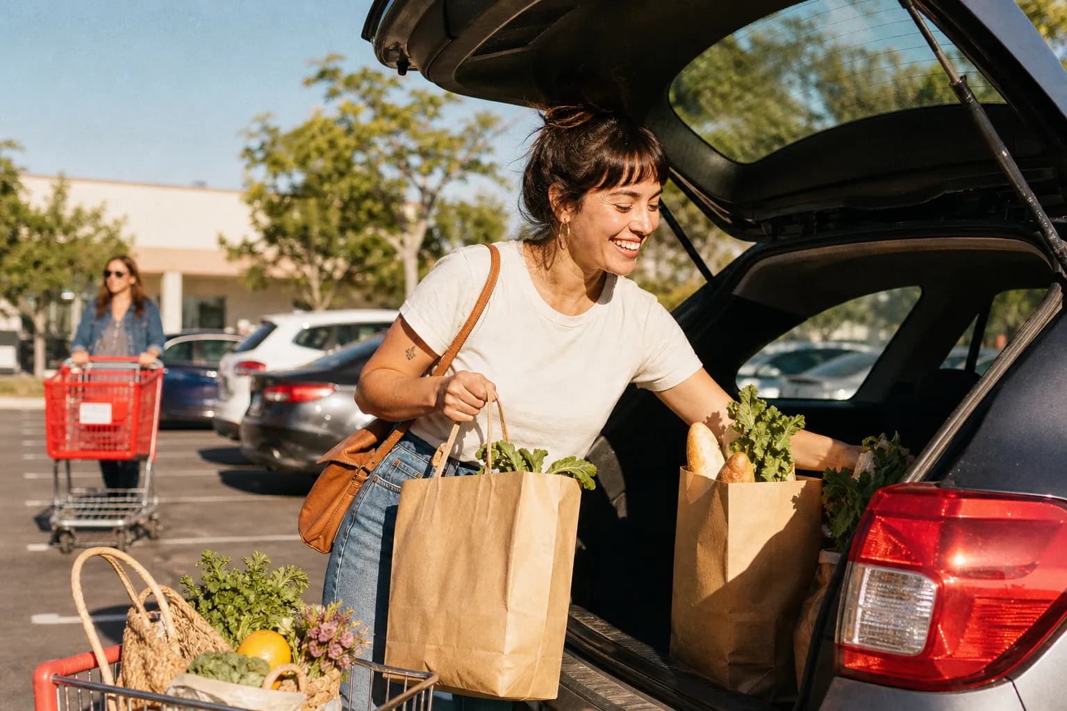 A shopper loading everyday grocery and household bags into a car in a bright, sunny store parking lot.