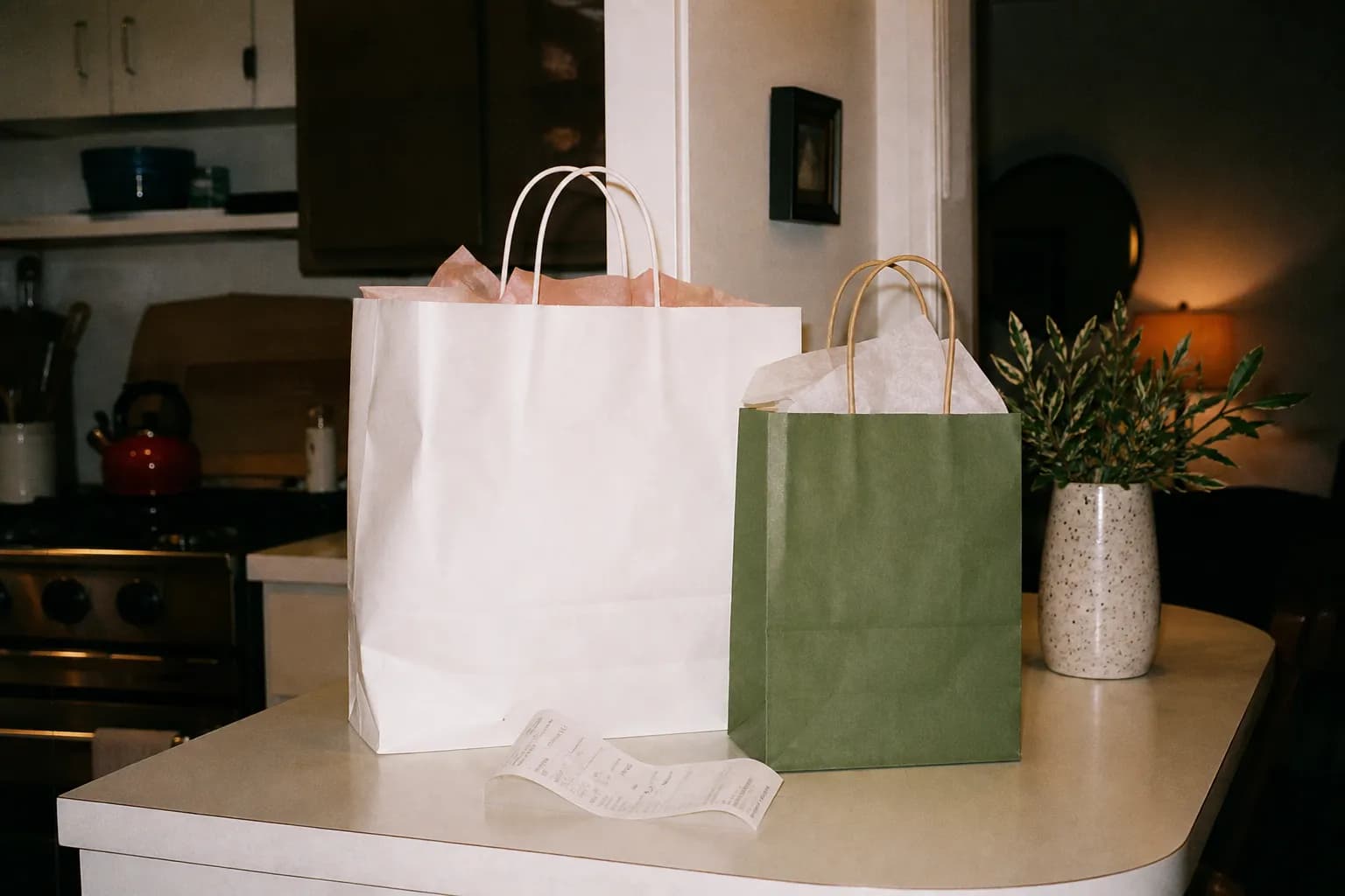 Two shopping bags on a kitchen counter beside a paper receipt