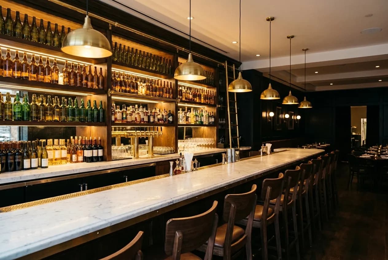 A softly lit restaurant bar lined with amber bottles and a row of stools