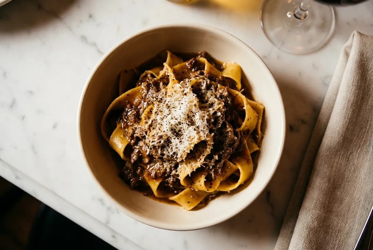 A small bowl of ribboned pasta with a rich sauce under warm bar light