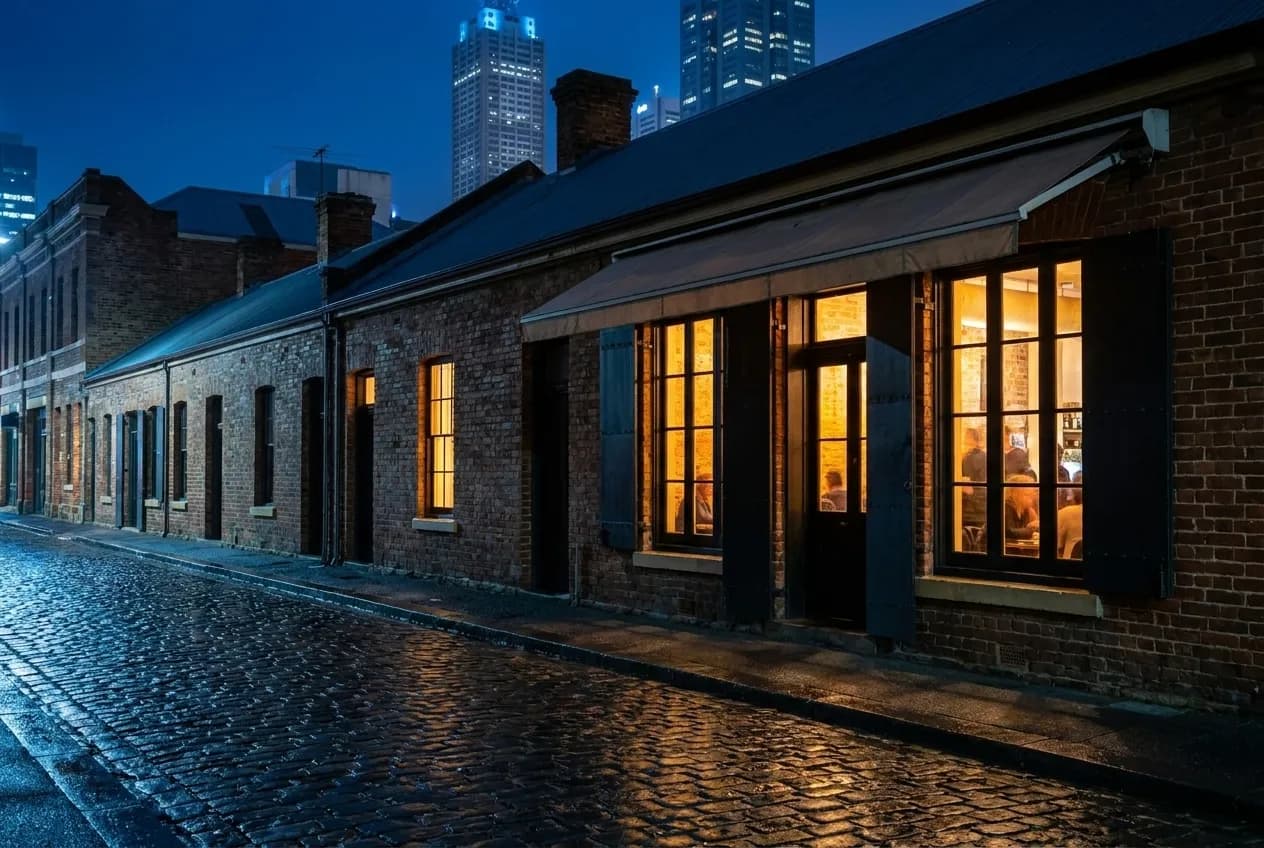 A brick-fronted restaurant on a quiet historic street lit warmly from inside at night