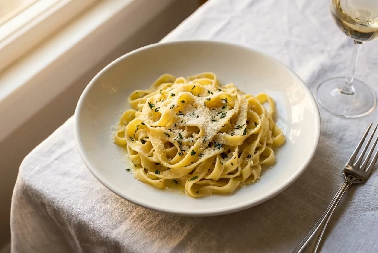 A bowl of fresh pasta dressed simply on a white tablecloth