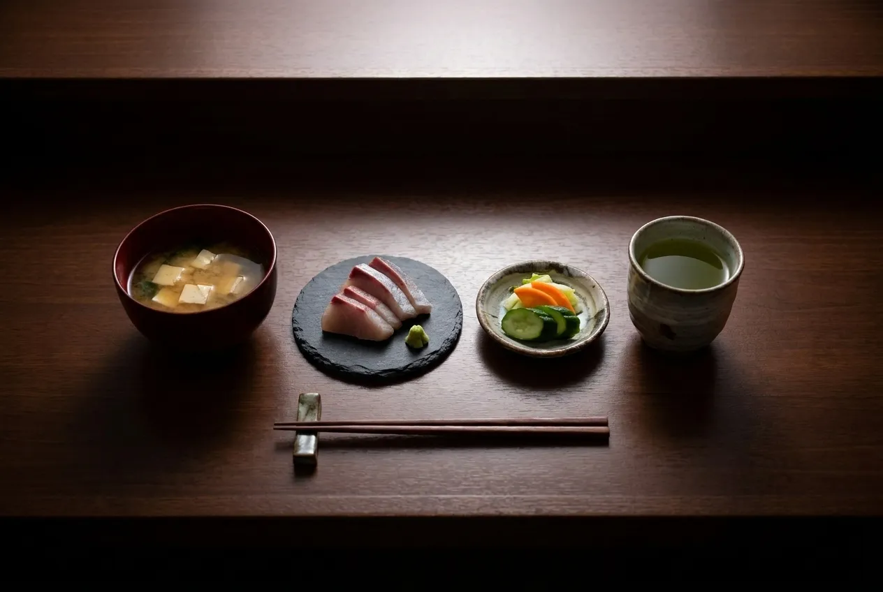 A sequence of small Japanese dishes arranged on a dark counter