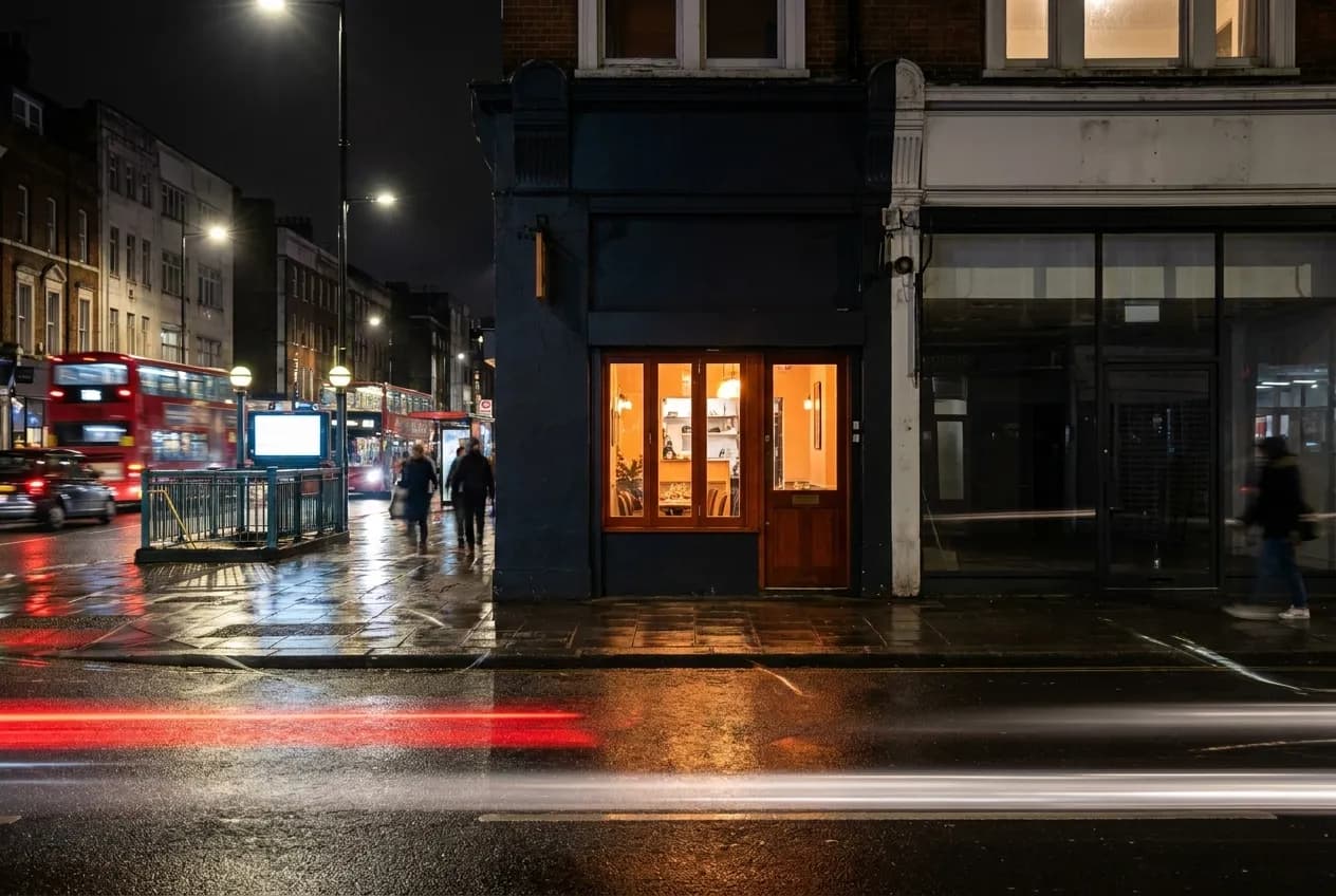 A narrow restaurant front at night on a busy Mission Street corner near a transit entrance