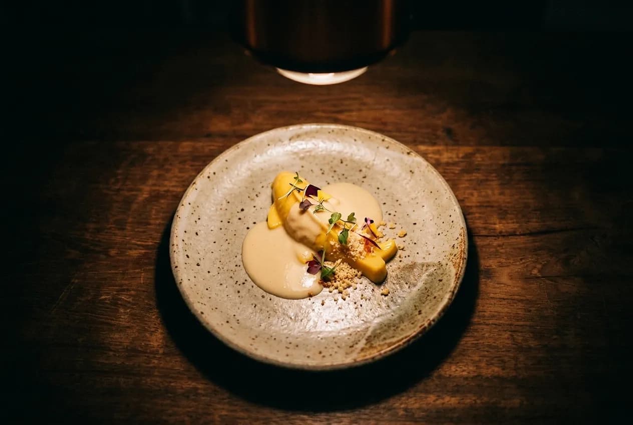 A small plated course on a ceramic dish under a single pendant light