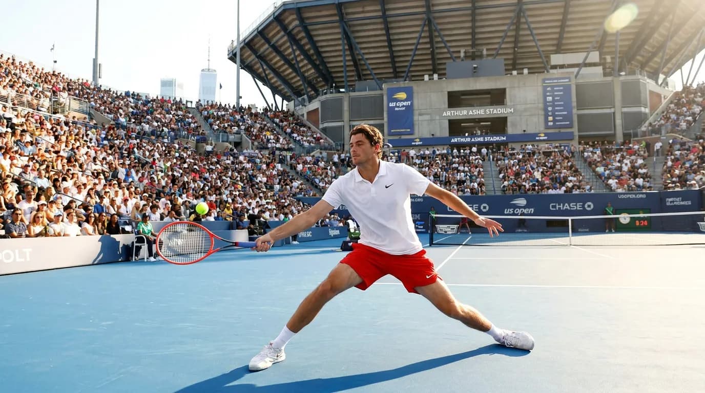 Photorealistic US Open tennis scene for Taylor Fritz’s Best Route to a First US Open Title.
