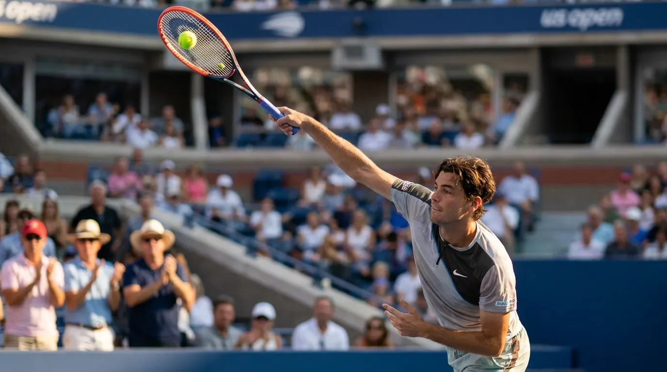 Photorealistic tennis scene illustrating Taylor Fritz’s Best Route to a First US Open Title.