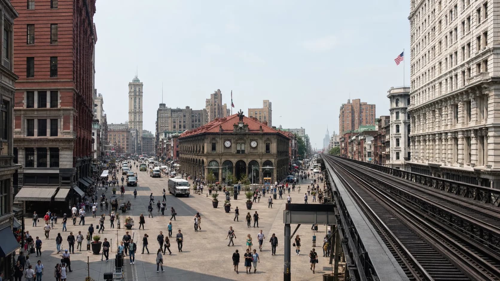 Wide view of a Midtown Manhattan public plaza with pedestrians and surrounding city buildings.