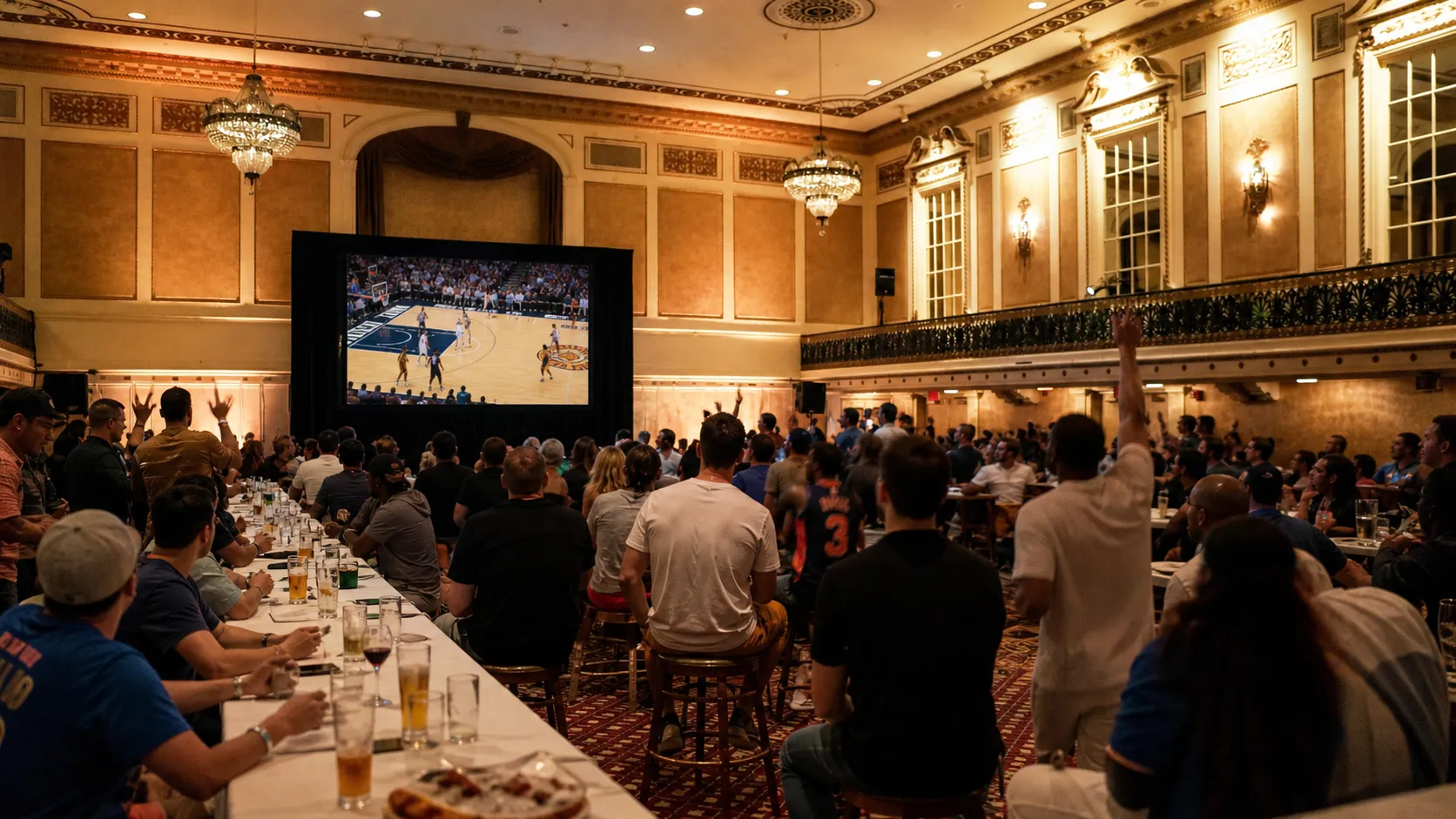 New York City basketball fans watching a summer tournament game inside a sports bar.