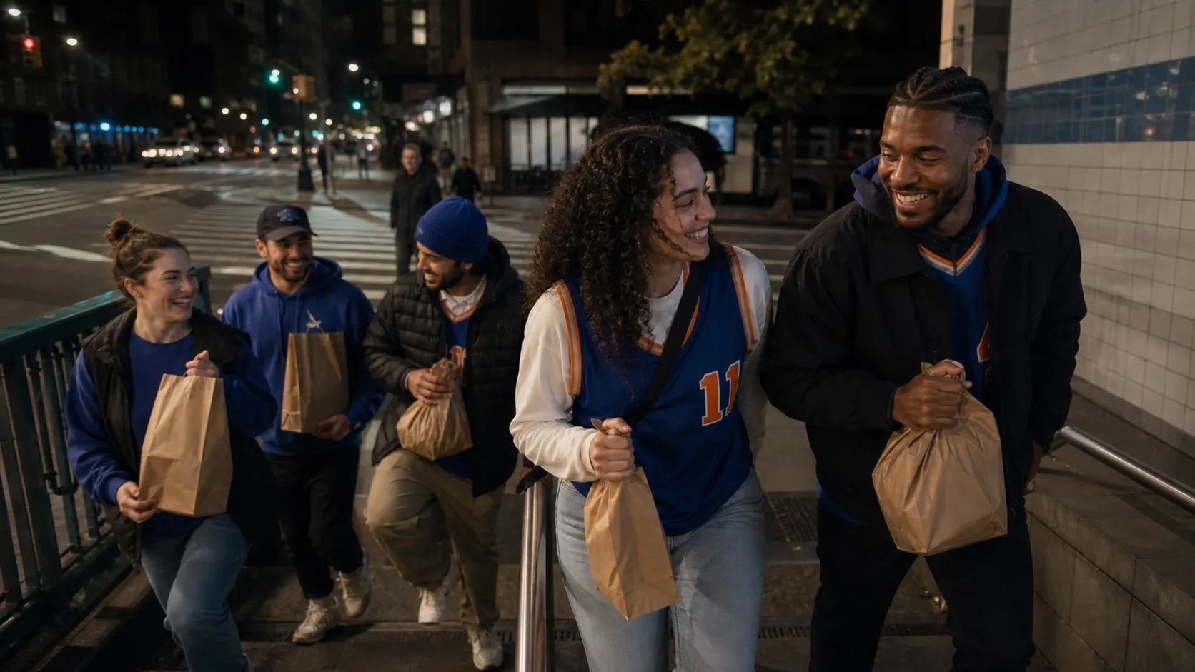Basketball fans entering a New York City subway station on the way to a watch party.