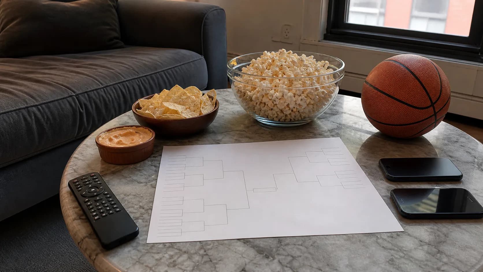 A New York apartment coffee table prepared for a TBT basketball watch night.