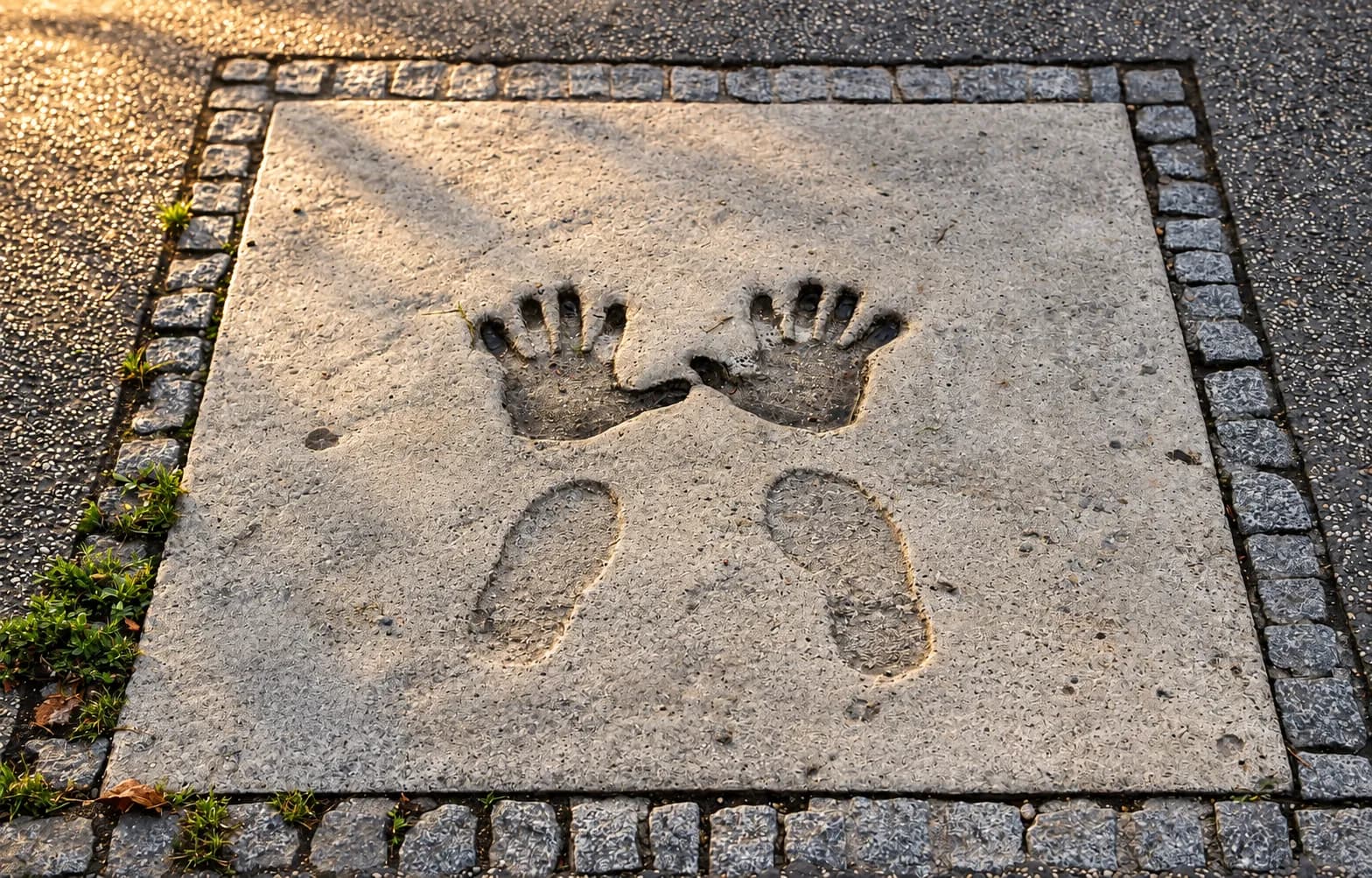 Concrete paving slabs in a forecourt bearing weathered pressed handprints and shoe impressions, lit by raking early light