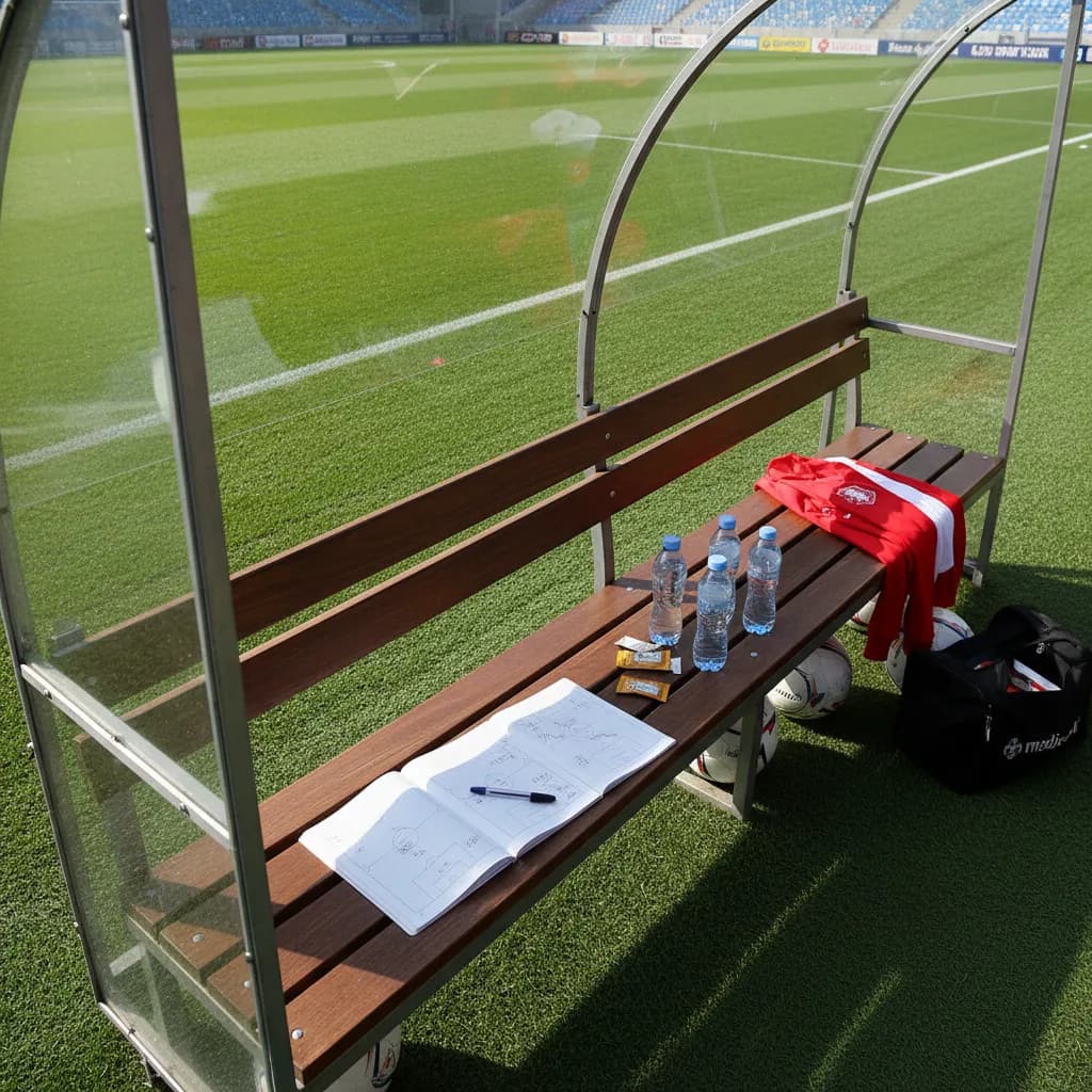 A football dugout bench with tactical notebooks and water bottles with the pitch visible behind