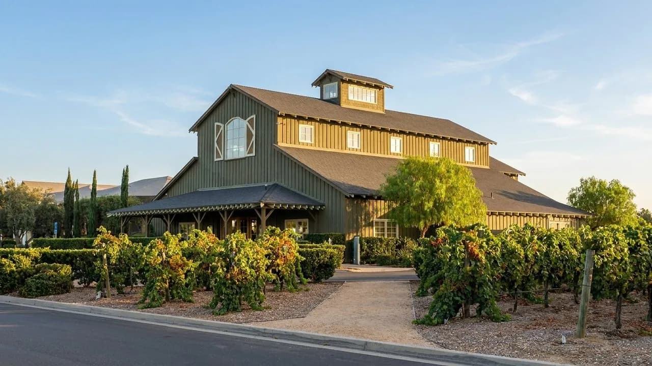 Vineyard rows and a quiet road leading through Temecula wine country