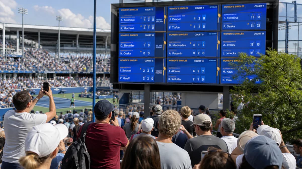 Photorealistic US Open tennis scene for Tennis Scores Today: How to Follow Every US Open Court.
