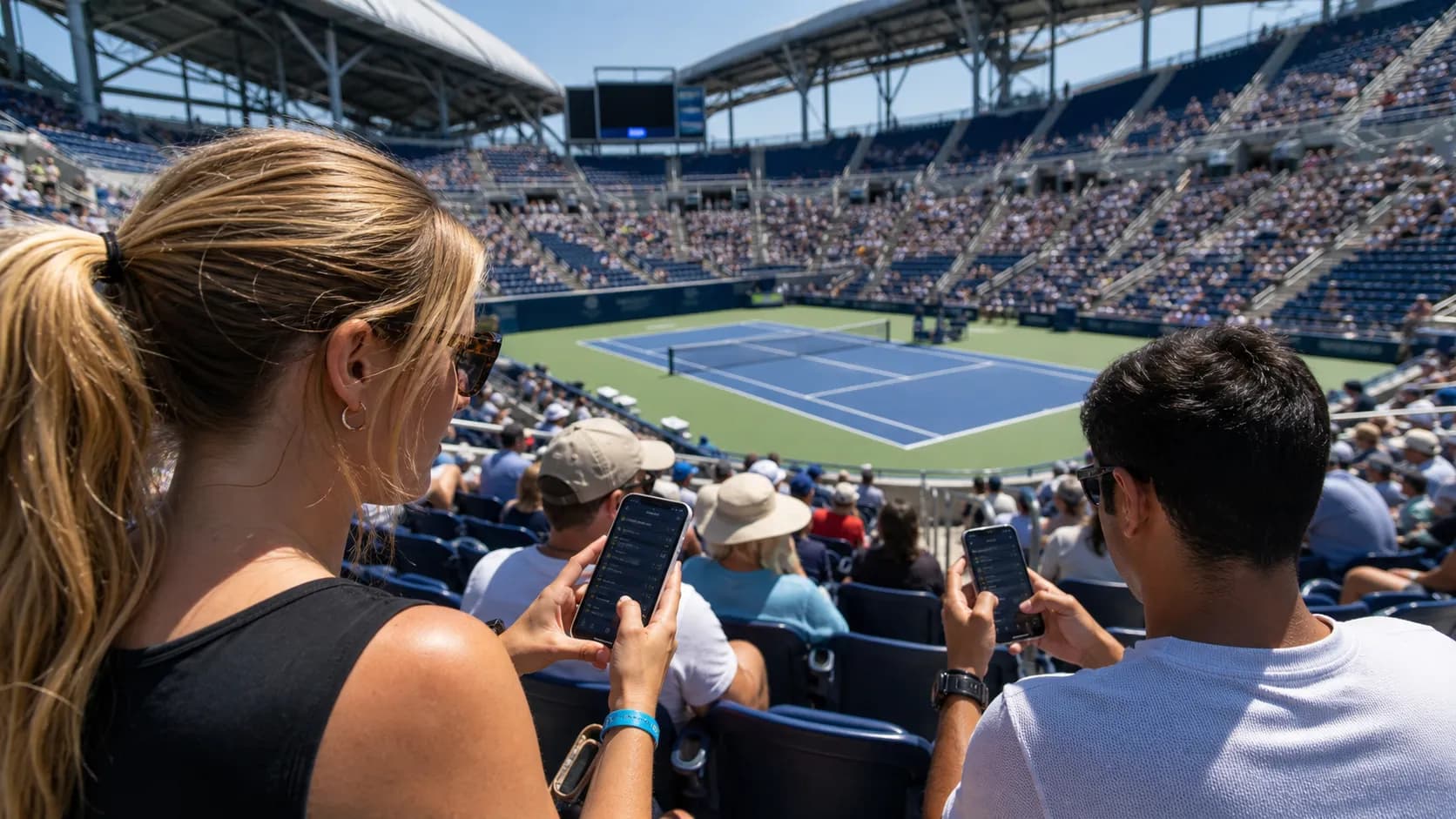 Photorealistic tennis scene illustrating Tennis Scores Today: How to Follow Every US Open Court.