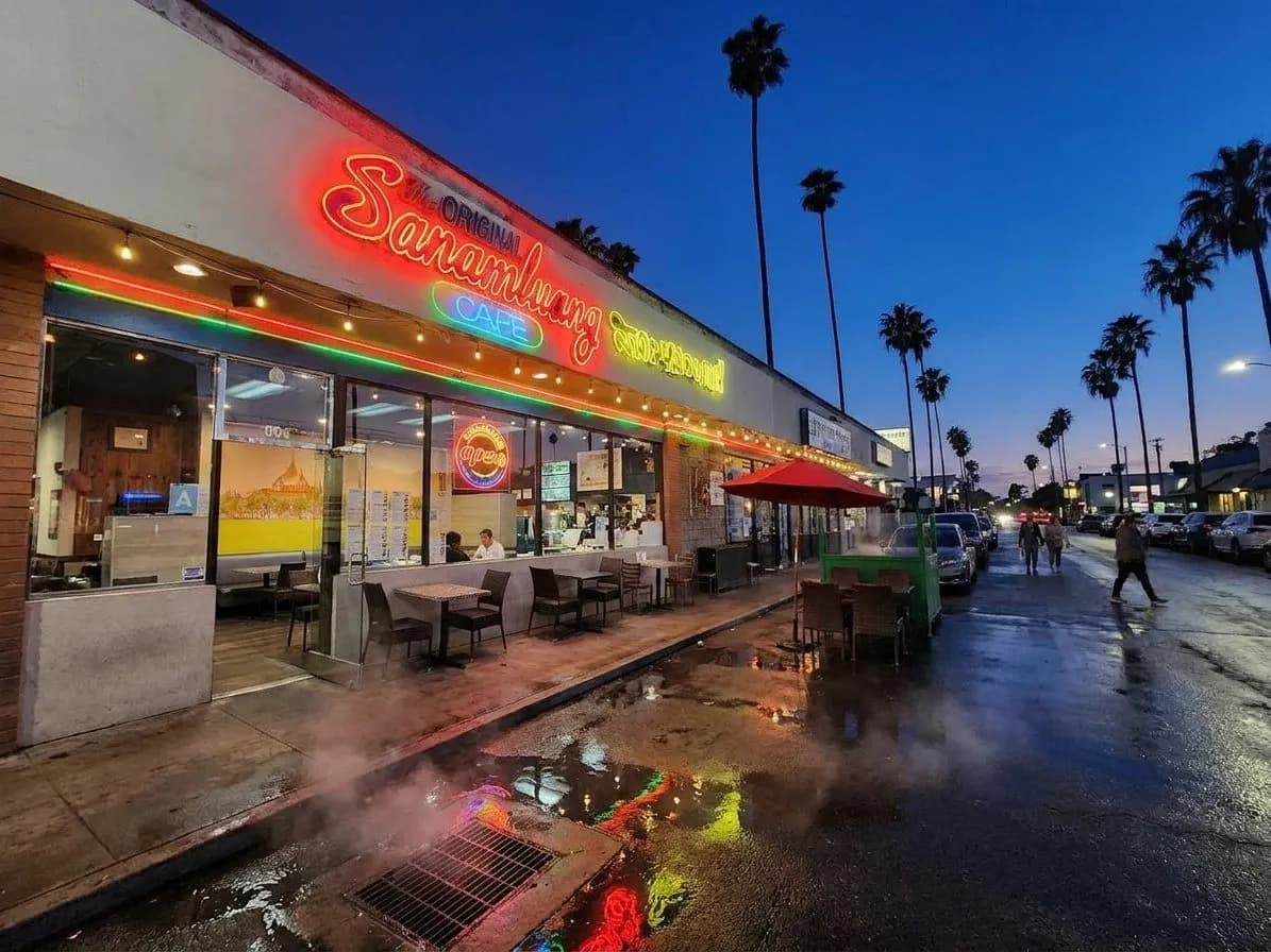Thai restaurant frontage glowing late at night in Thai Town, Los Angeles
