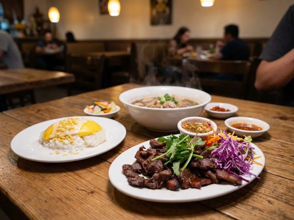 Thai Town meal spread with grilled beef, noodles, and mango sticky rice