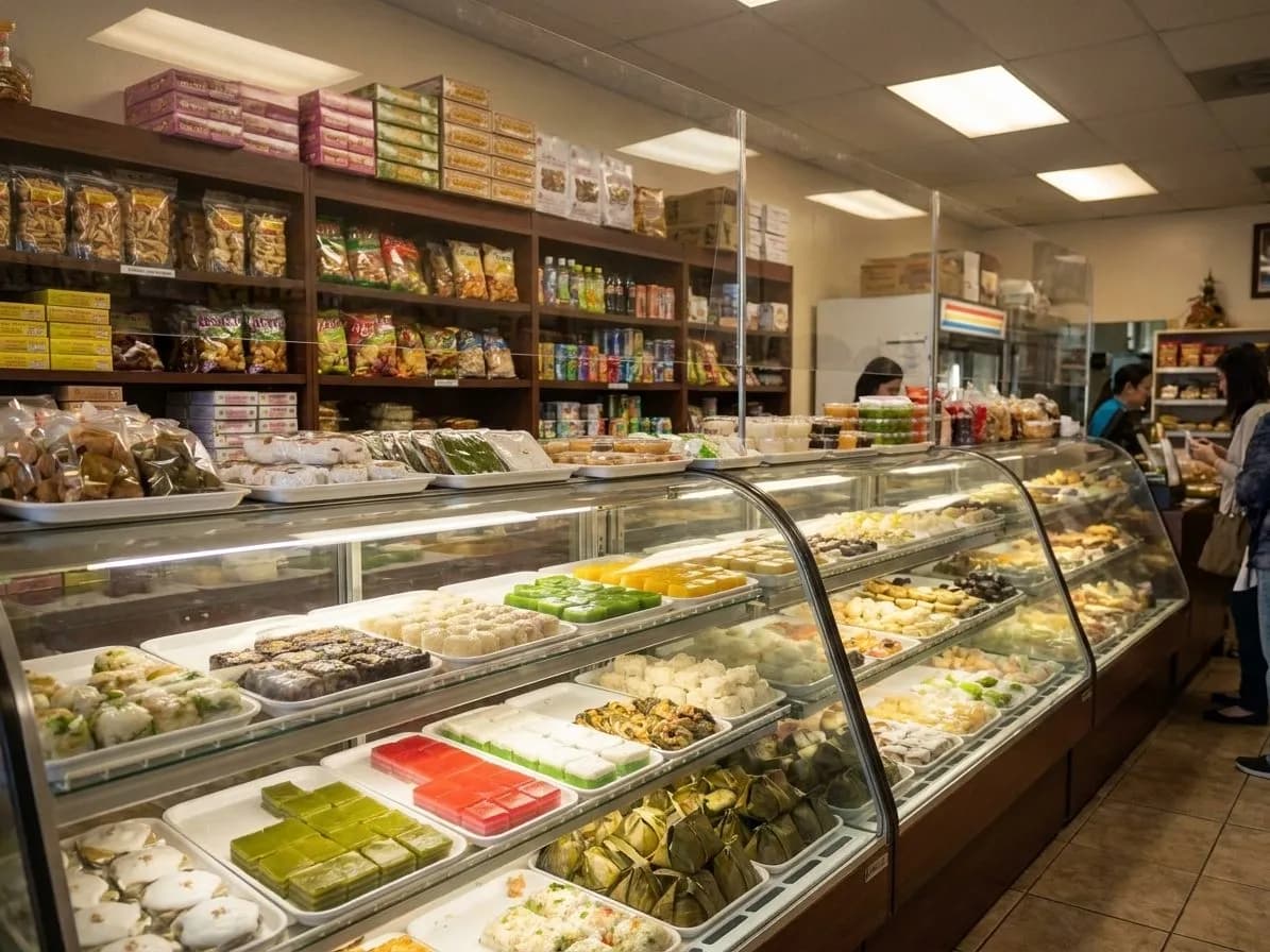 Thai dessert counter with trays of sweets in Thai Town
