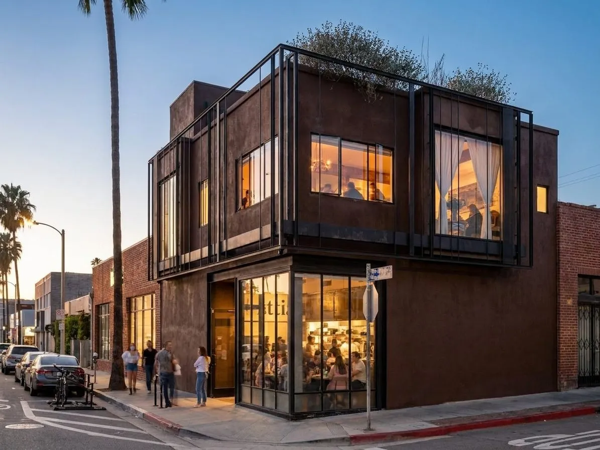 Bestia exterior glowing at dusk in the Arts District