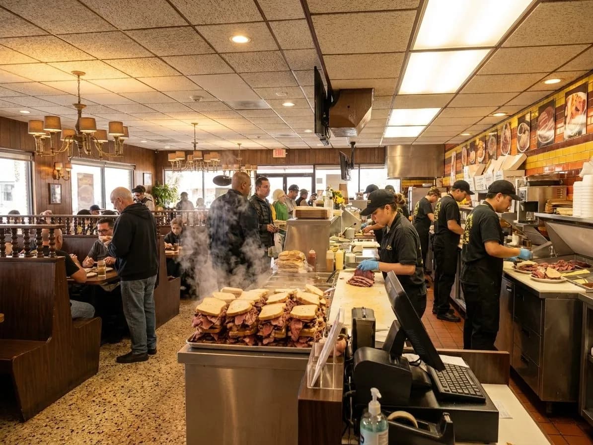 Classic deli counter with piled pastrami sandwiches in Los Angeles
