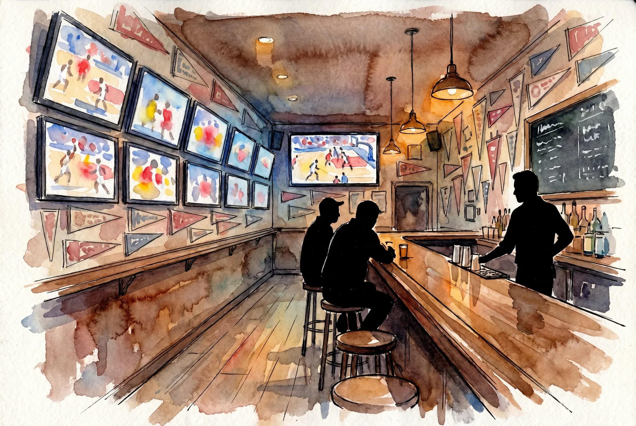 AI-generated watercolor: interior of a small narrow neighborhood sports bar in the East Village with eight HD screens mounted along the upper-left wall showing impressionist court-color washes, a long wooden bar running down the right, walls densely covered in vintage muted-red and faded-cream sports pennants, a chalkboard with handwritten standings behind the bar, two patrons rendered as silhouettes from behind on stools and a bartender silhouette in three-quarter view