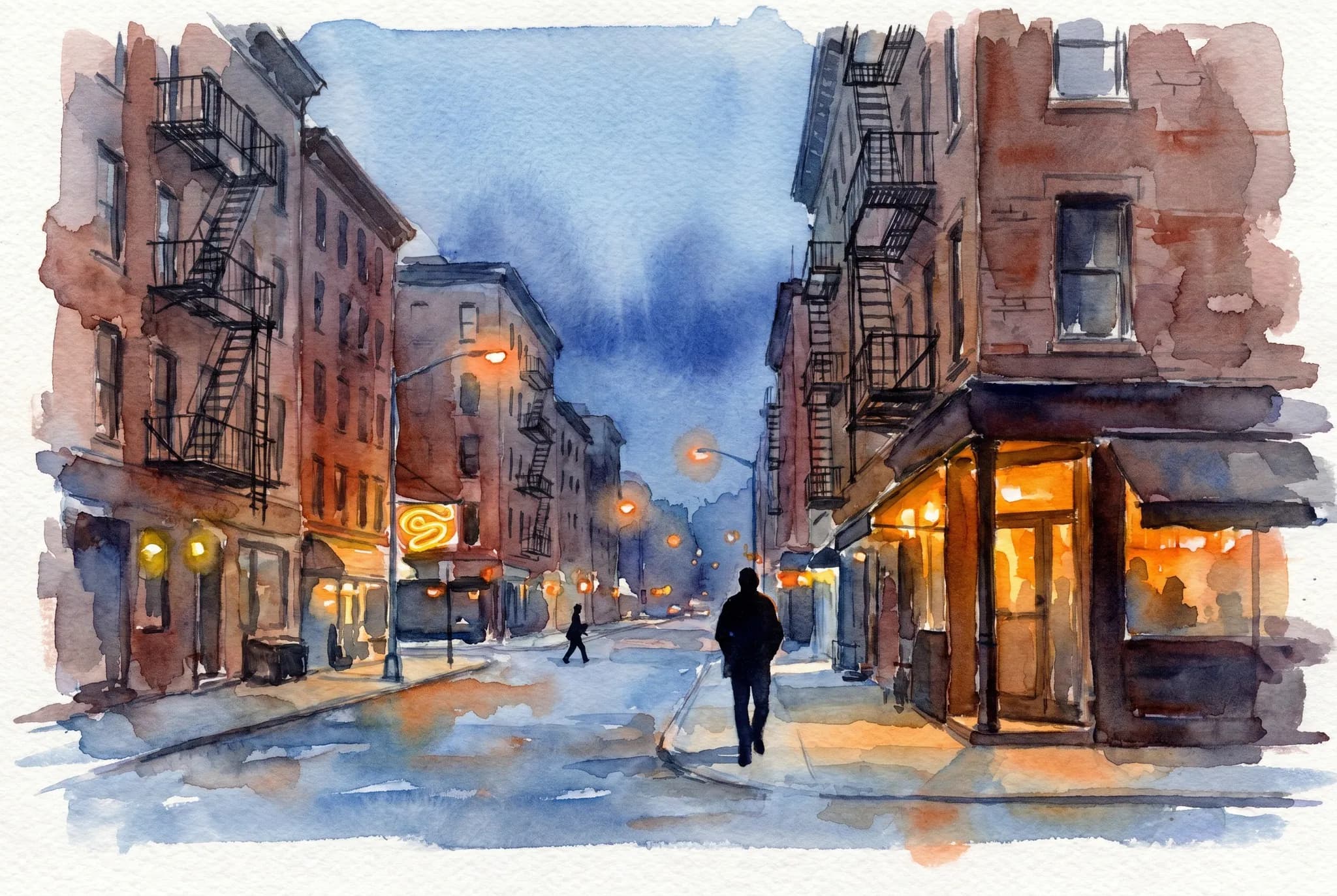 AI-generated watercolor: the residential block of East 7th Street between 2nd and 3rd Avenues at 9pm on a weeknight in May, brick tenements with fire escapes lining both sides, one small sports bar entrance on the right with warm amber light spilling onto the sidewalk, two pedestrians rendered as pure silhouettes, twilight blue sky still holding light
