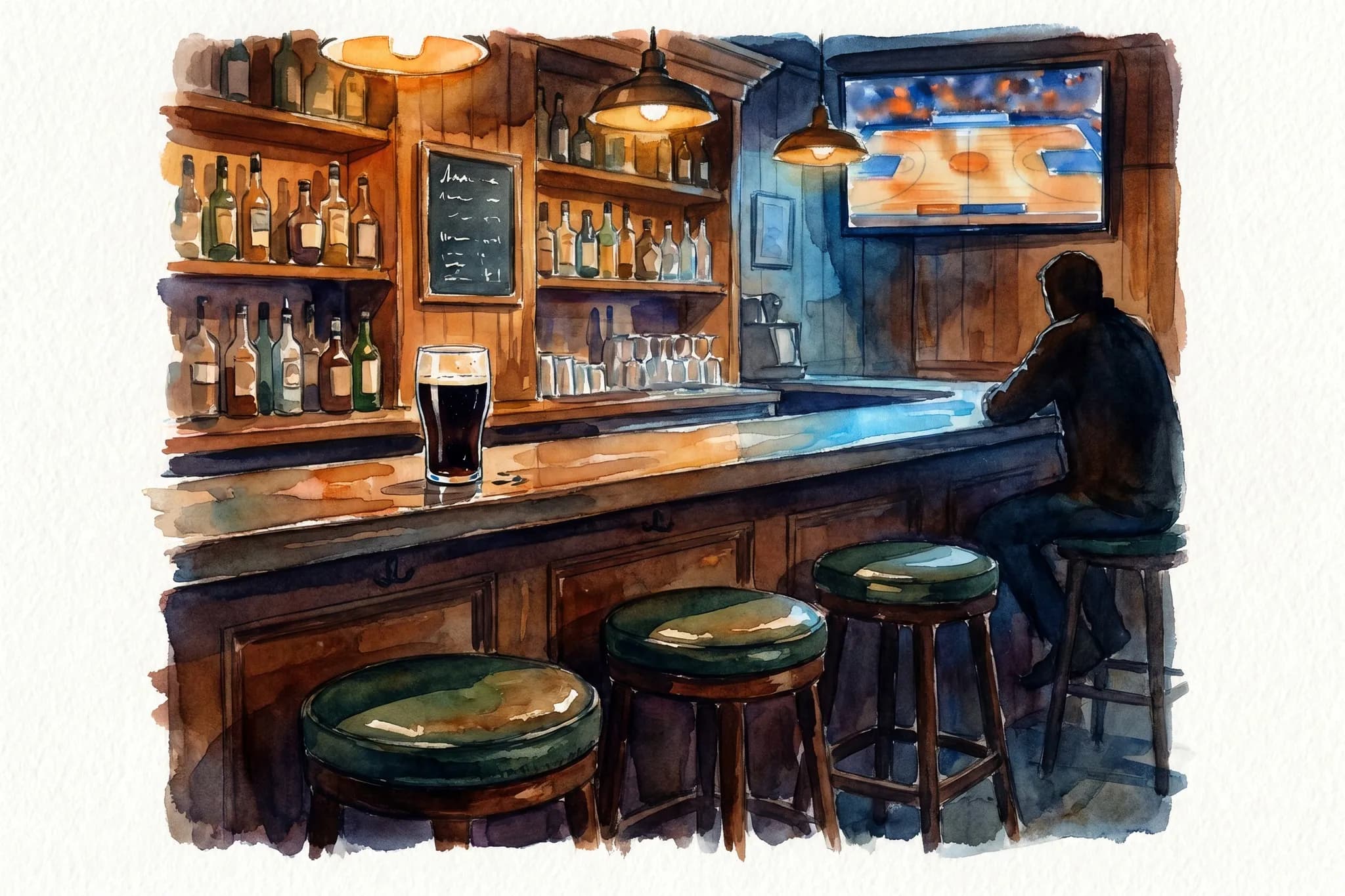 AI-generated watercolor: close-up of three empty bar stools in the foreground at a wooden bar with a half-full pint of dark beer, a row of bottles on shelves and a chalkboard with abstract chalk strokes behind, one TV in the upper-left showing pre-game basketball court colors, a single back-turned silhouette patron at the far end of the bar, warm pendant lighting, cool blue TV spill on the bar surface