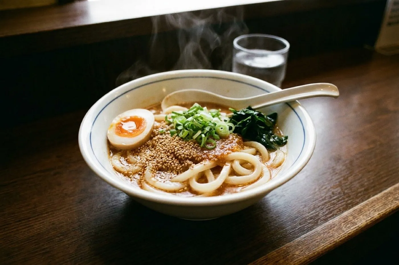 A bowl of spicy noodle soup with a soft egg and greens on a dark wooden counter beside a ceramic spoon and a glass of water