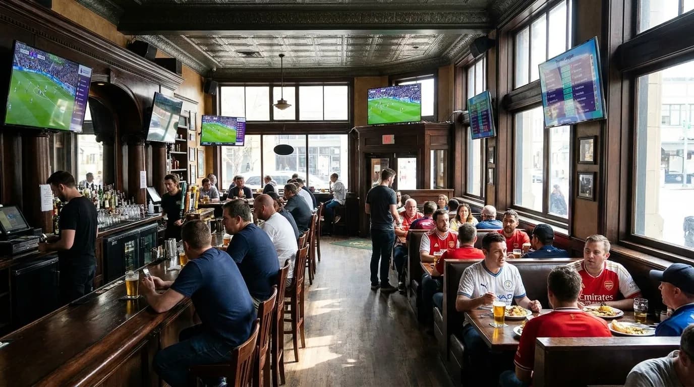 Wide interior view of The Chieftain Irish Pub in SoMa showing multiple large screens, wooden bar, and booth seating during a match day