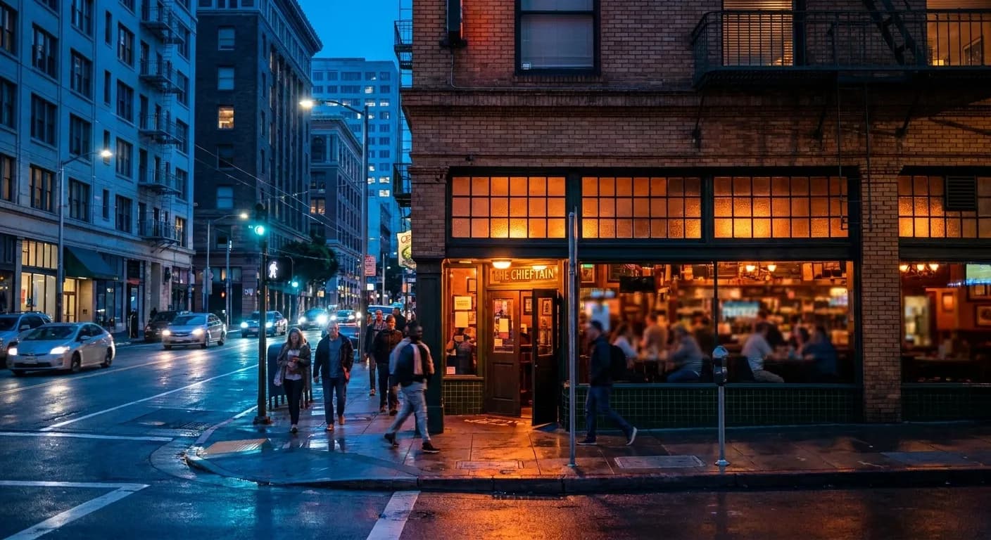 Evening exterior view of 5th Street in SoMa near Moscone Center with The Chieftain's storefront glowing under streetlights